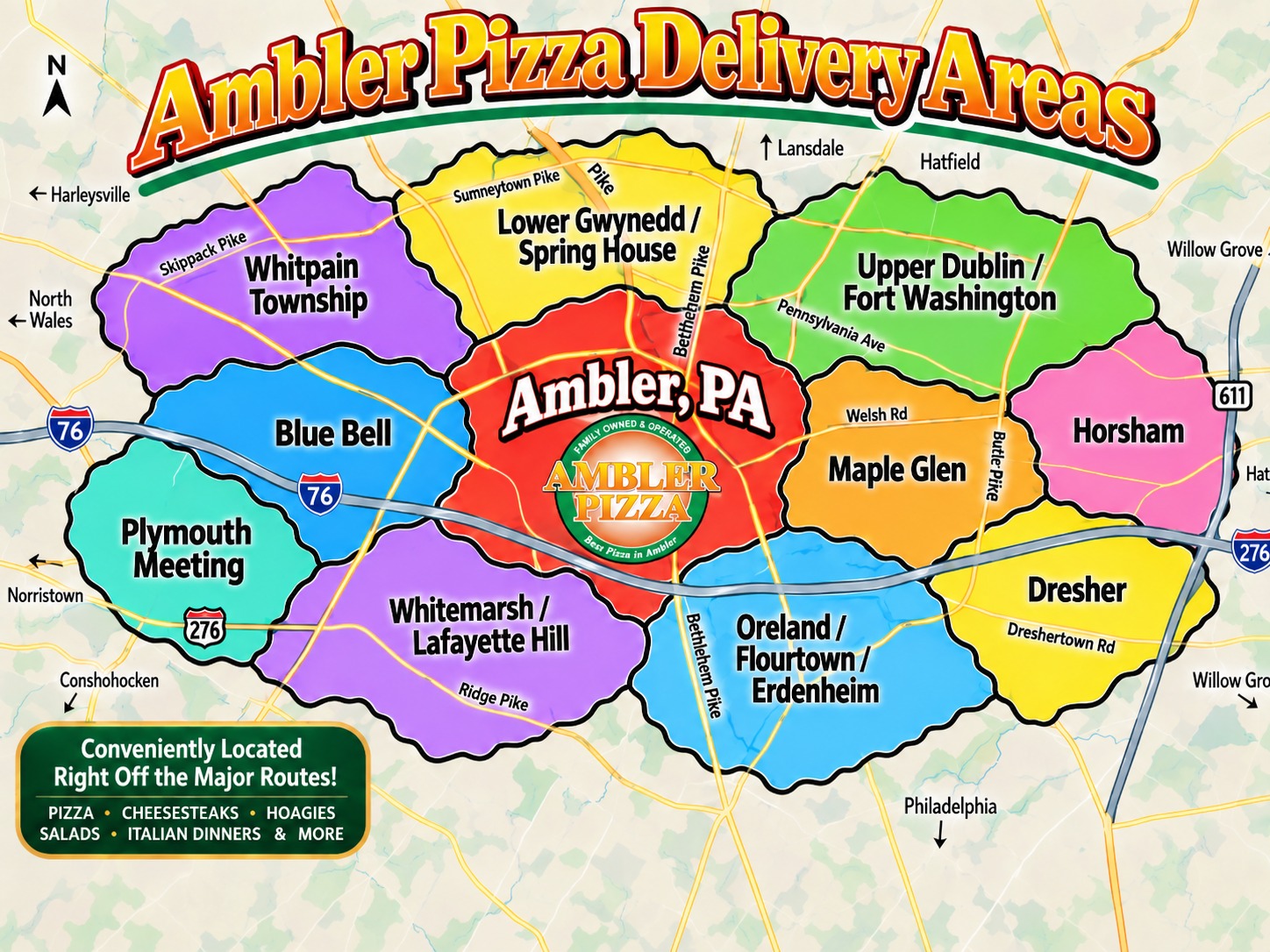 Map of Ambler Pizza delivery areas around Ambler, PA