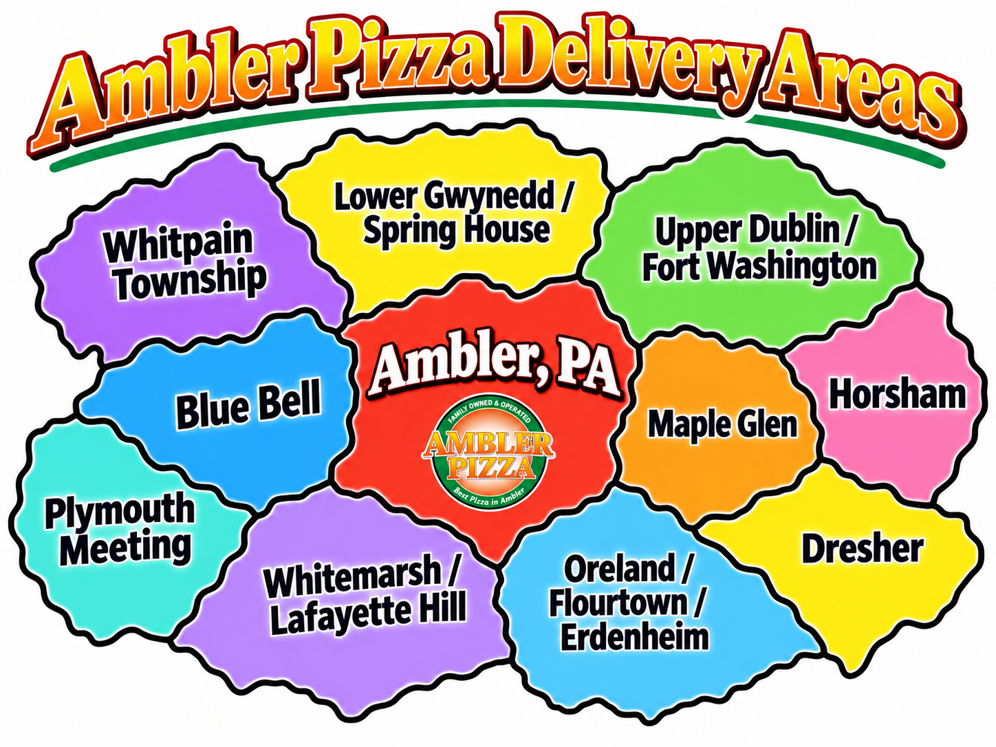 Ambler Pizza delivery areas map with Ambler, PA in the center, surrounded by Whitpain Township, Lower Gwynedd / Spring House, Upper Dublin / Fort Washington, Horsham, Maple Glen, Dresher, Oreland / Flourtown / Erdenheim, Whitemarsh / Lafayette Hill, Plymouth Meeting and Blue Bell